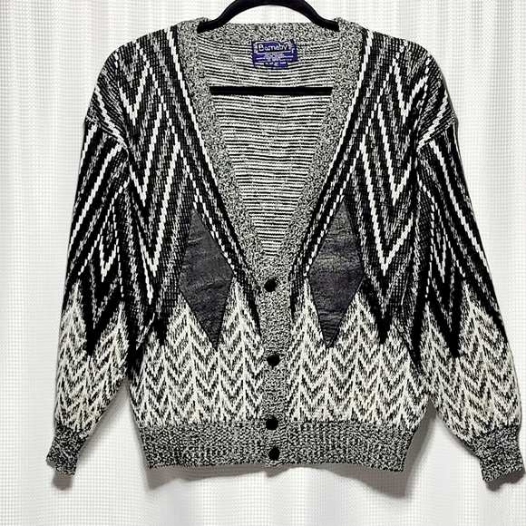 VTG Barnaby Men’s Grandpa Chevron Knit & Leather Diamond Accent Cardigan (XL) - Picture 1 of 11